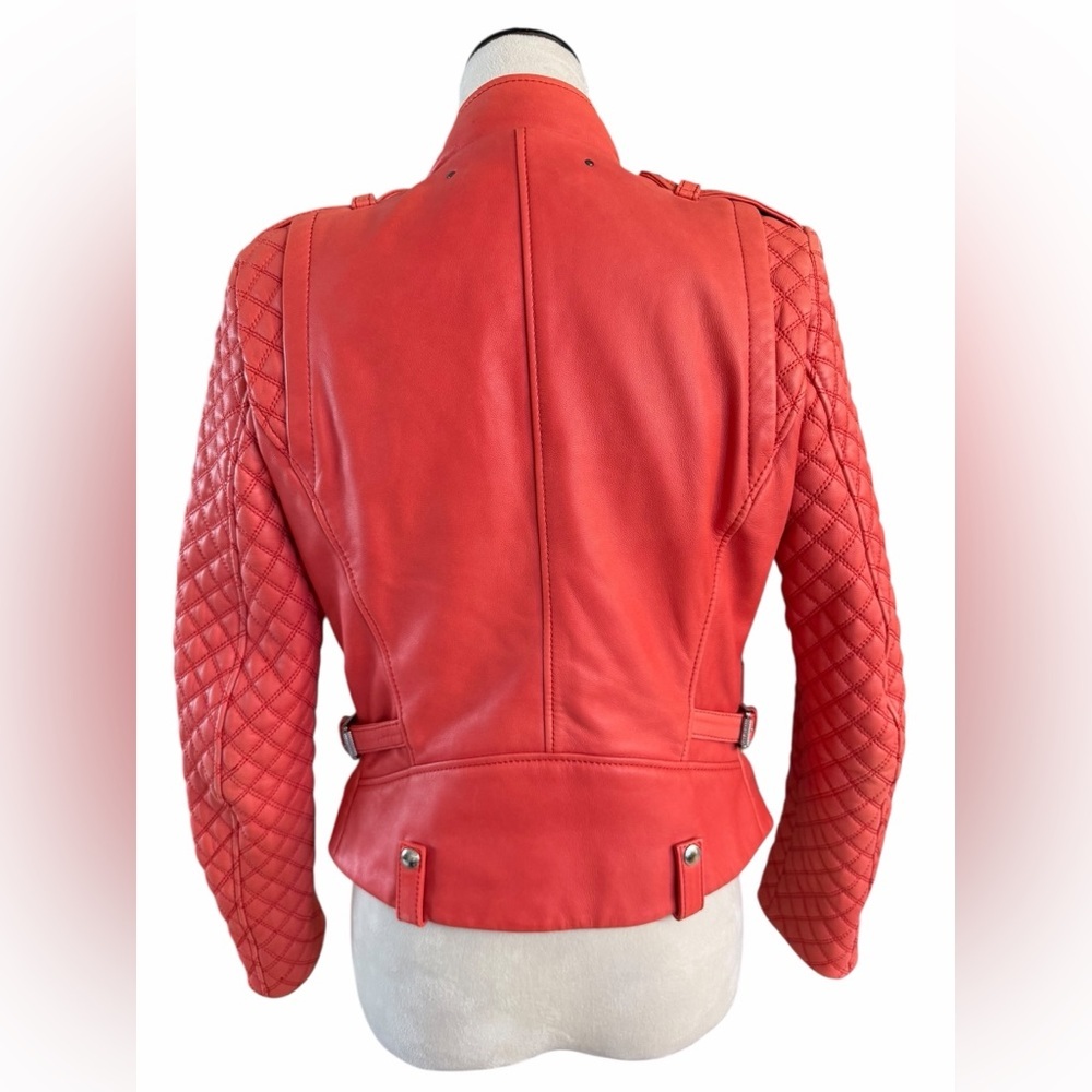 Barbara Bui RARE Coral Lambskin Leather Quilted Sleeves Moto Jacket - Picture 6 of 12